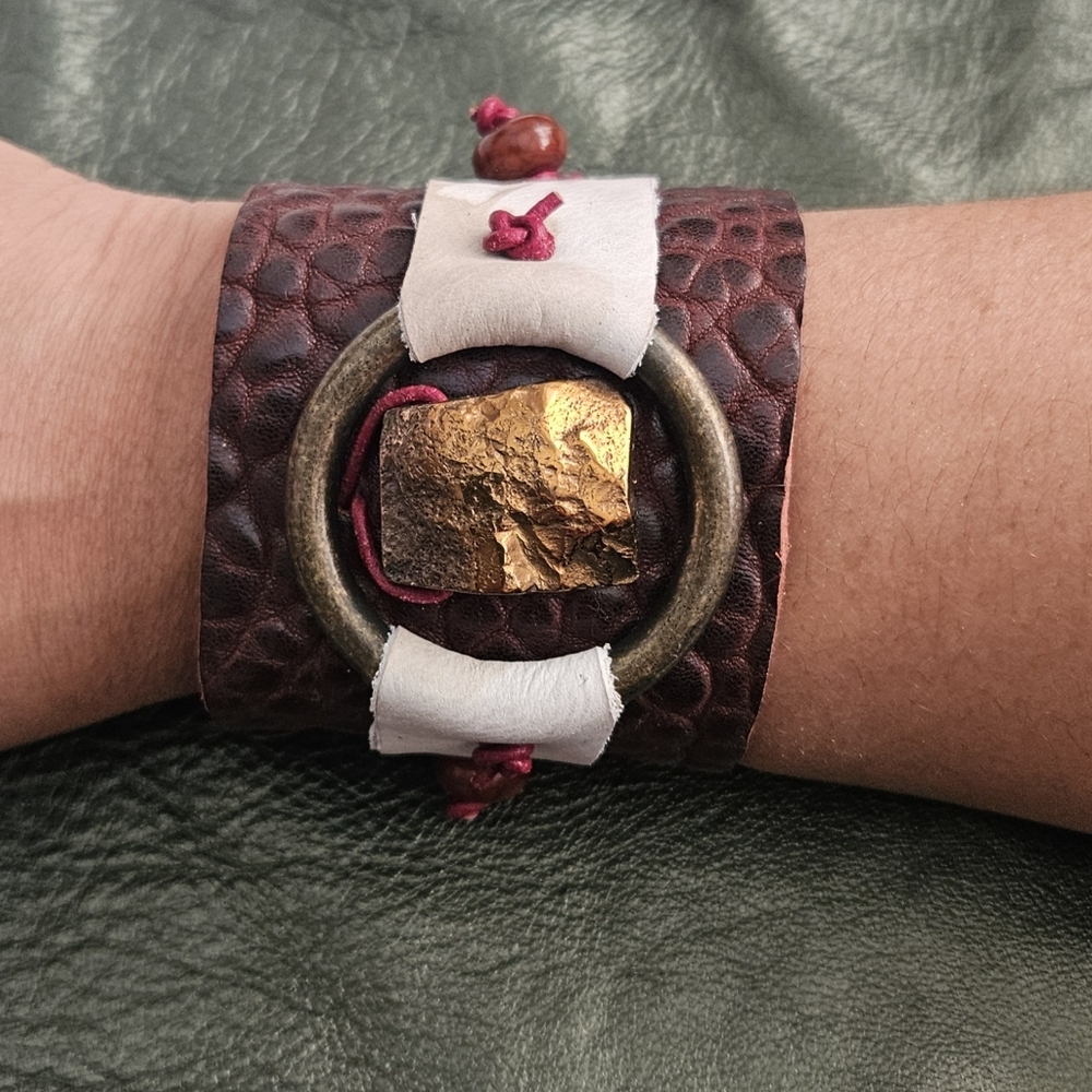 NWOT Leather cuff bracelet with copper nugget and brass ring